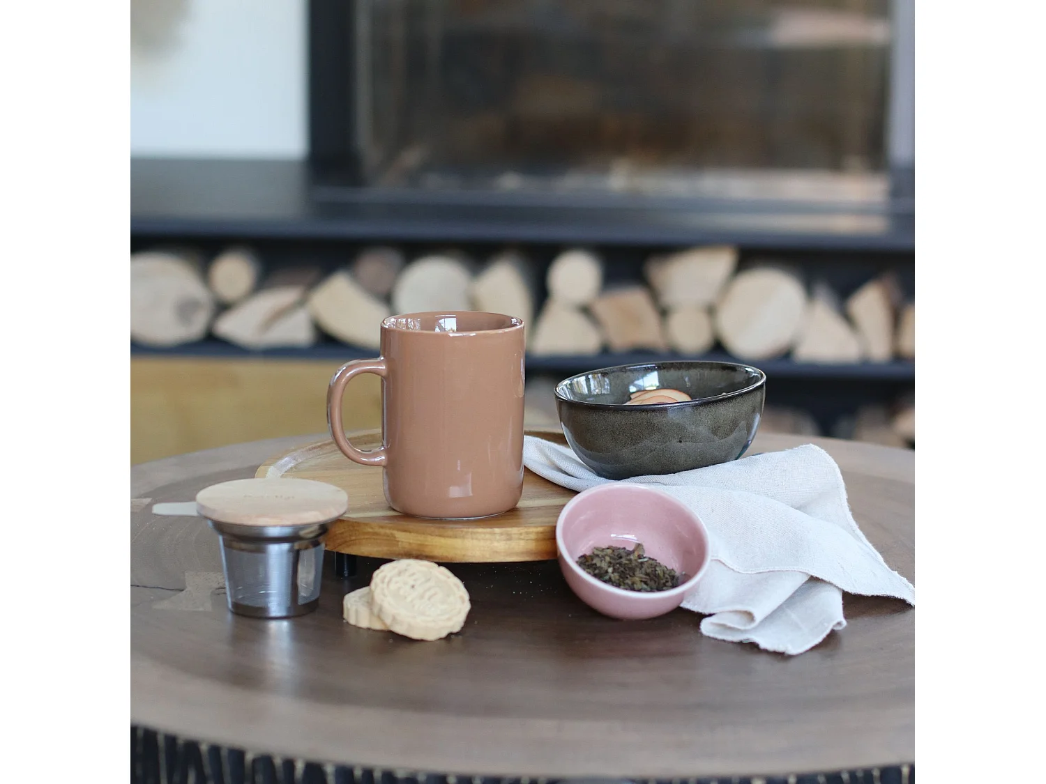 Novastyl - Tisaniere Anna 350ml En Gres Noisette Couvercle En Hevea