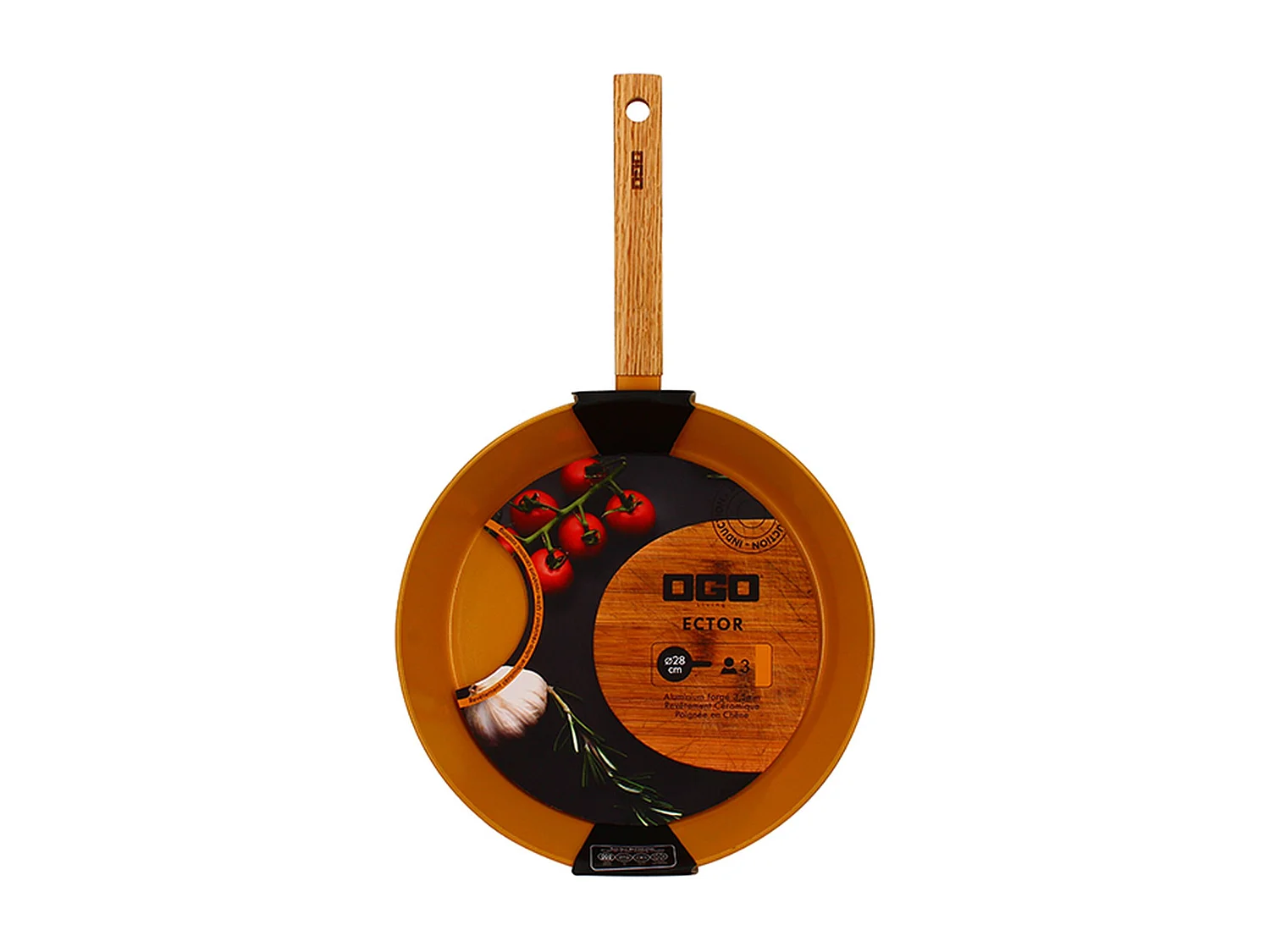 Ogo Living - Poele Ector 28cm En Alu Revetement Ceramique Jaune Avec Manche Bois