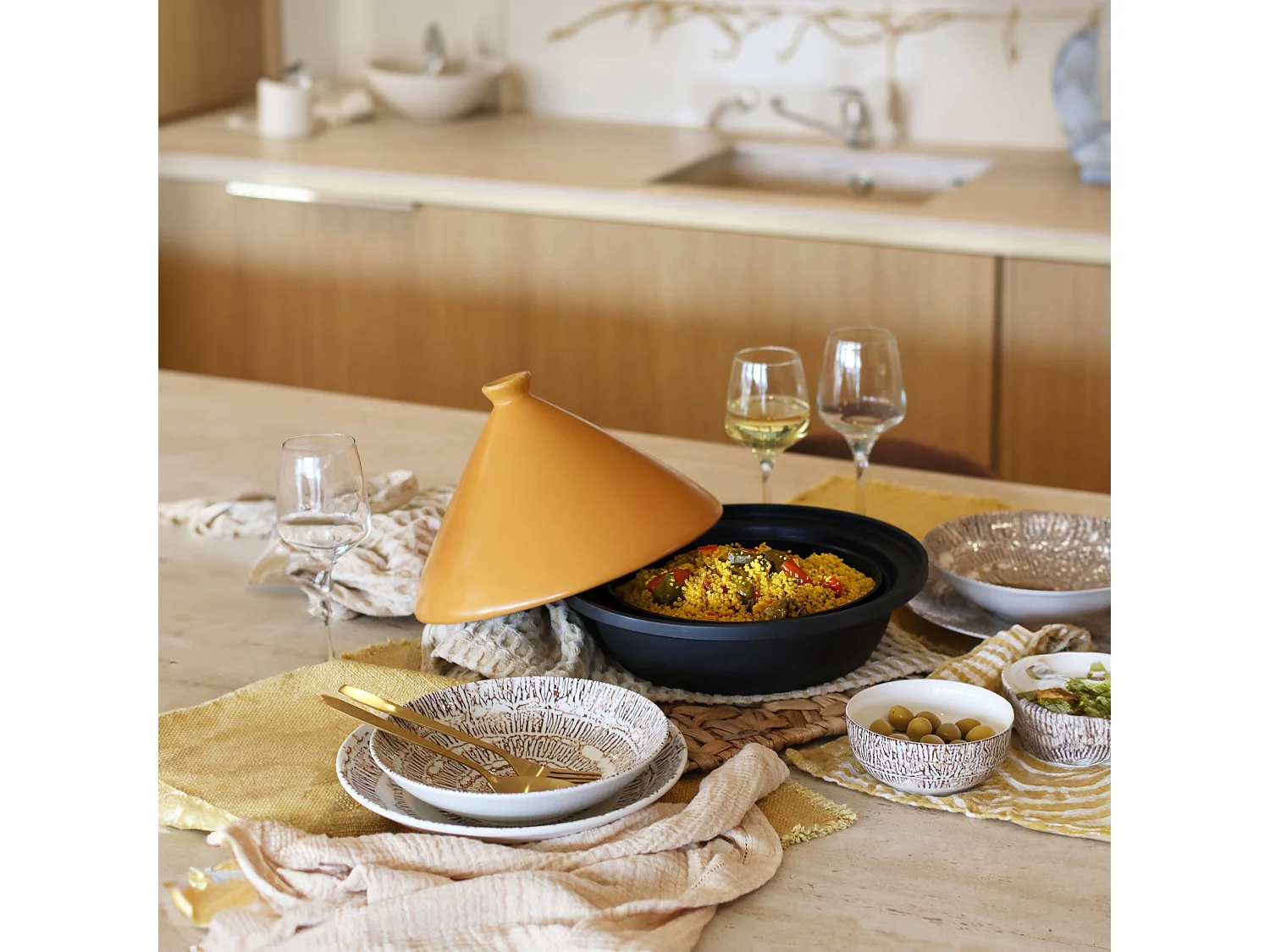 Menastyl - Tajine D30cm Fond Alu Induction Couvercle En Céramique Jaune