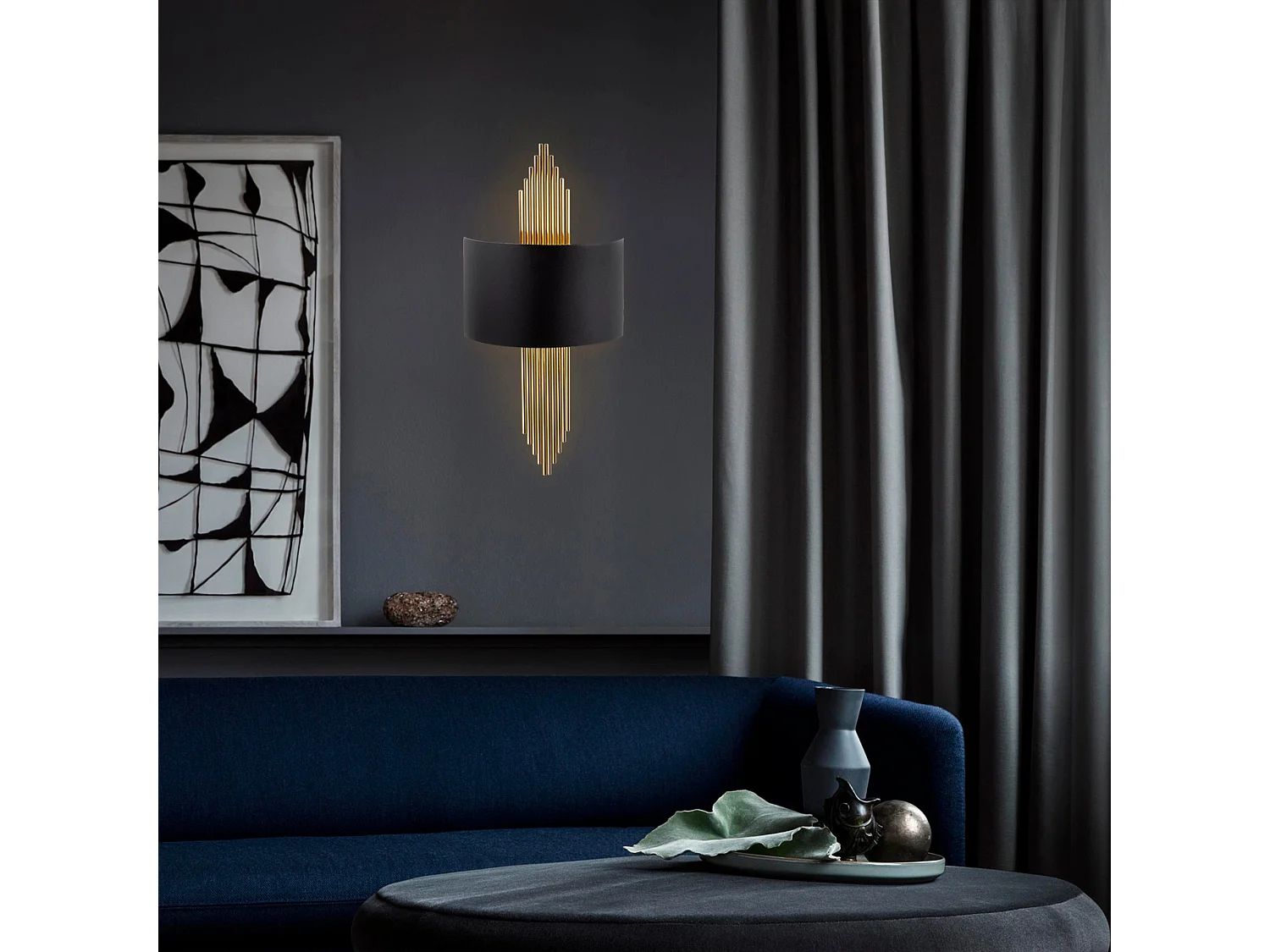 Lot de 2 appliques art déco en métal - L. 22 x H. 75 cm - Noir et doré - SANGARIUS