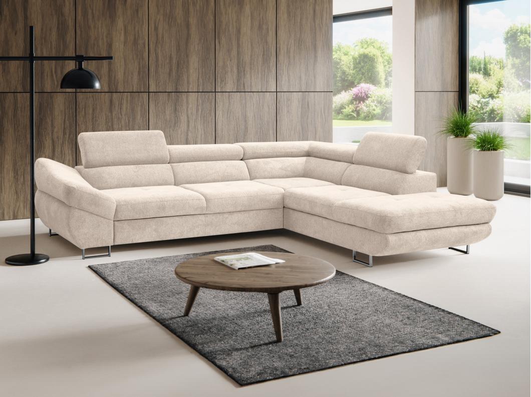 Canapé d'angle droit convertible en tissu texturé beige DALIAS