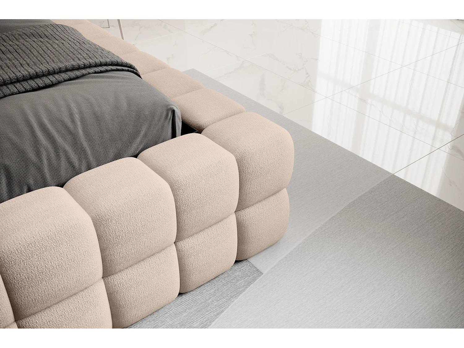 Lit coffre design avec capitonnage velours Kaizer-Couleur Beige-160x200