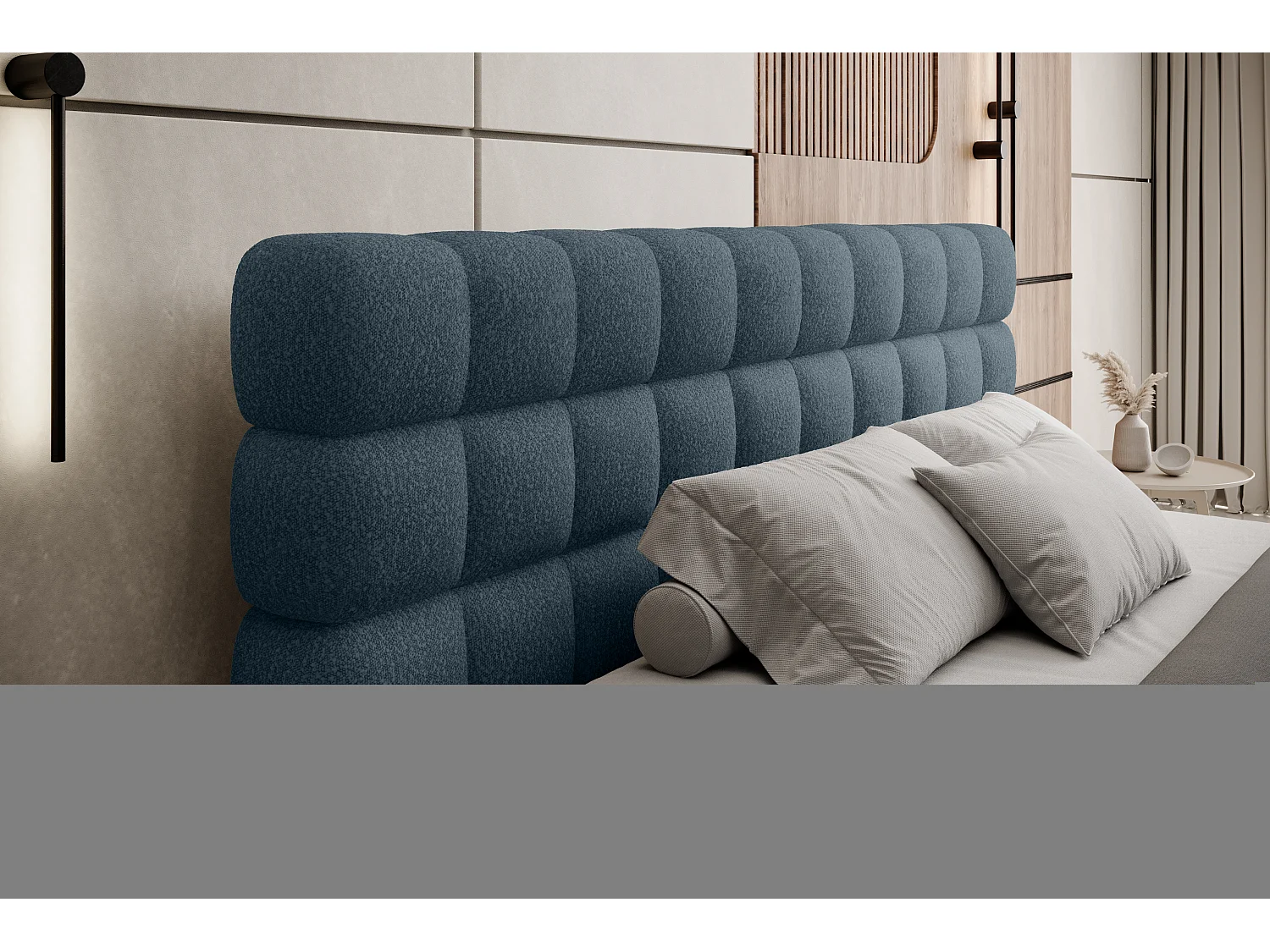 Lit coffre design avec capitonnage tissu à bouclettes Kaizer-Couleur Bleu turquin-160x200