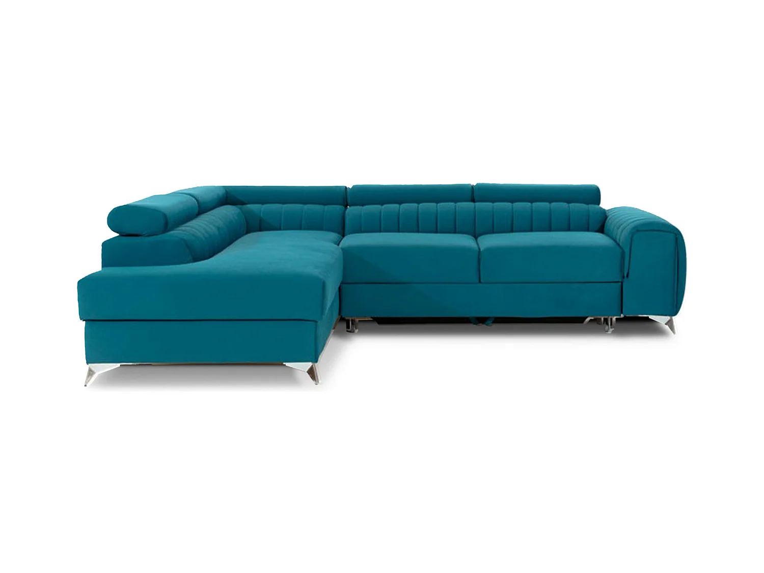 Canapé d'angle convertible velours avec appuis-tête réglables LOZA - Coffre et pieds acier chromé-Bleu canard-angle gauche