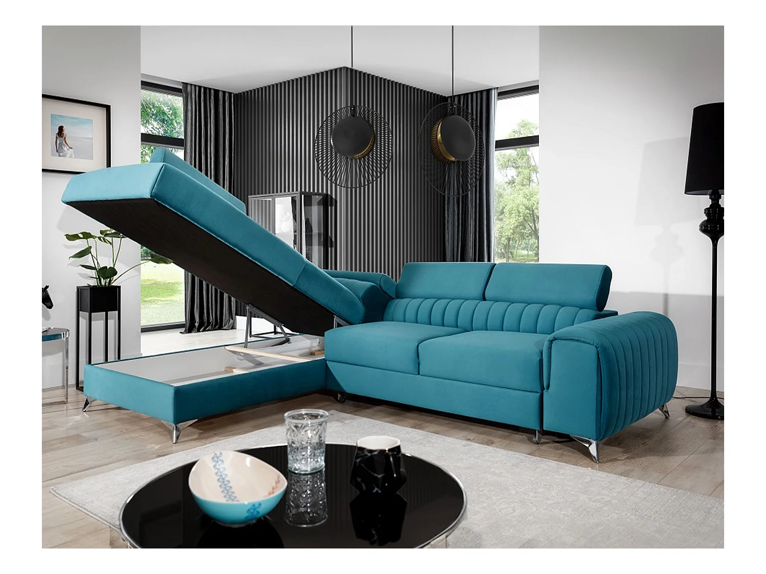 Canapé d'angle convertible velours avec appuis-tête réglables LOZA - Coffre et pieds acier chromé-Bleu canard-angle gauche