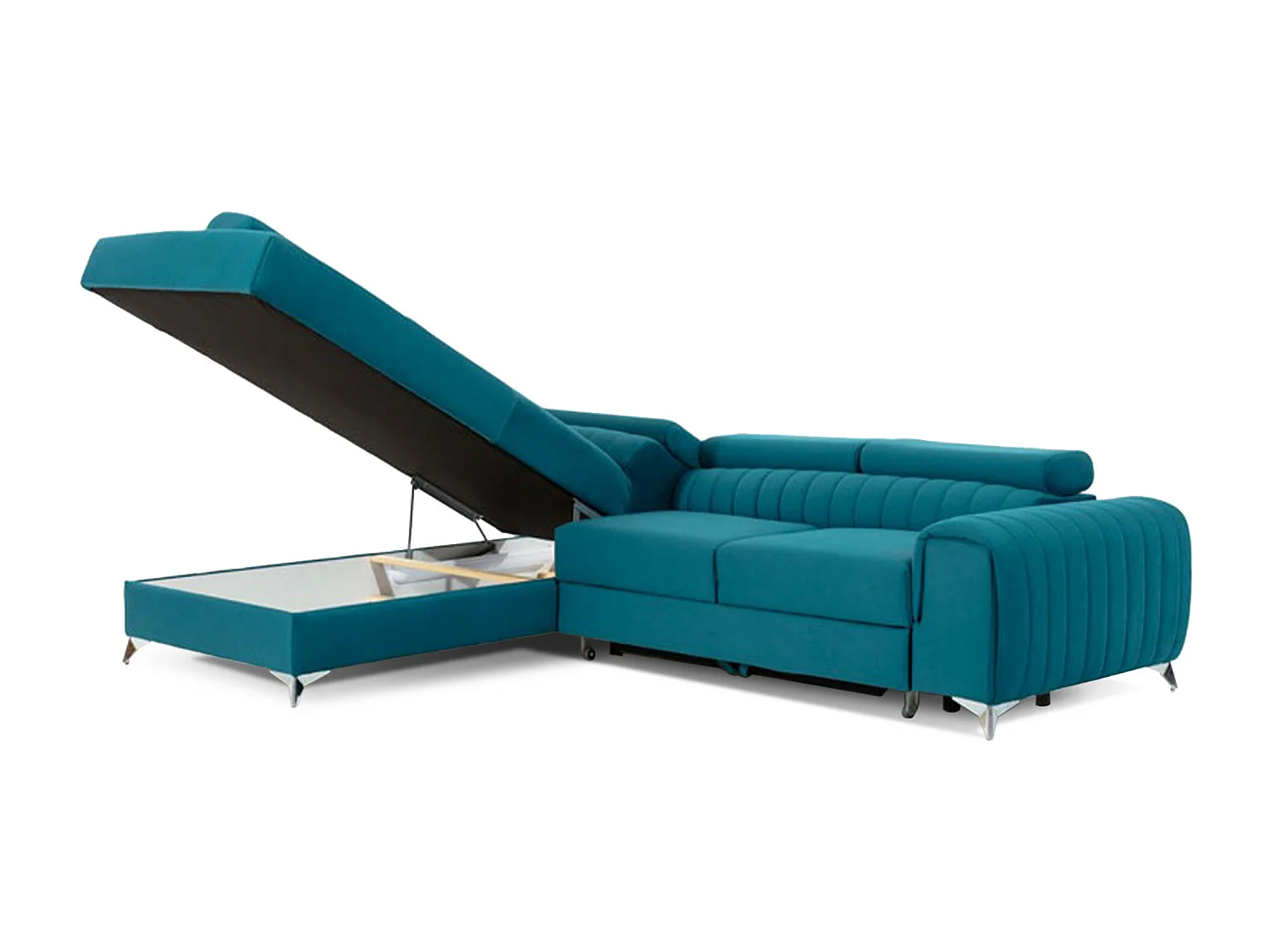 Canapé d'angle convertible velours avec appuis-tête réglables LOZA - Coffre et pieds acier chromé-Bleu canard-angle gauche