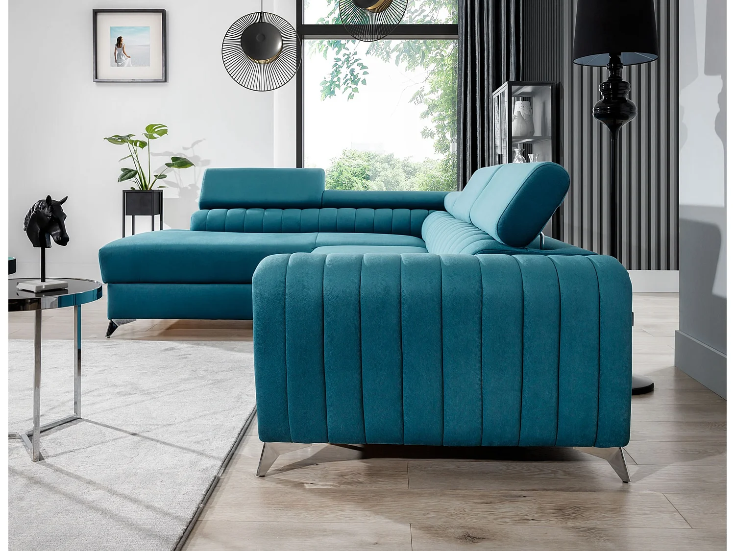 Canapé d'angle convertible velours avec appuis-tête réglables LOZA - Coffre et pieds acier chromé-Bleu canard-angle gauche