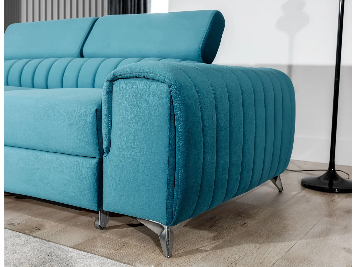 Canapé d'angle convertible velours avec appuis-tête réglables LOZA - Coffre et pieds acier chromé-Bleu canard-angle gauche