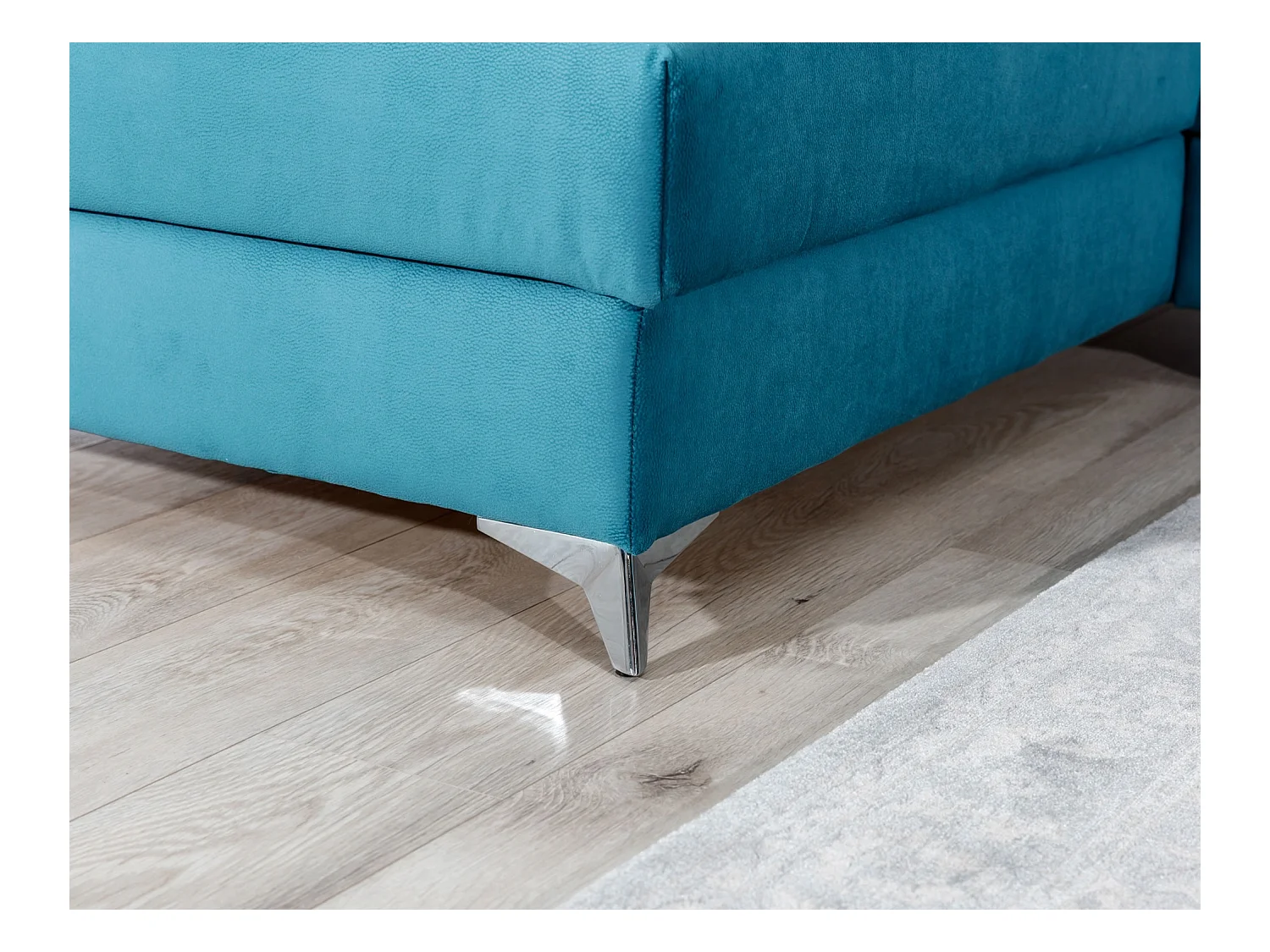 Canapé d'angle convertible velours avec appuis-tête réglables LOZA - Coffre et pieds acier chromé-Bleu canard-angle gauche