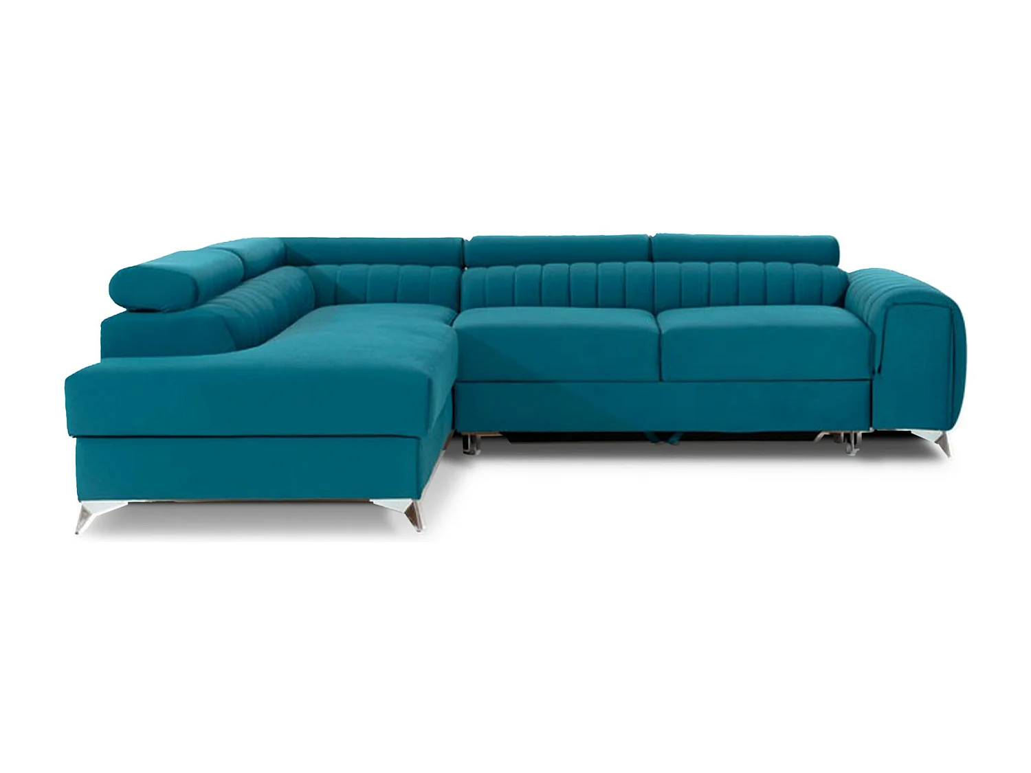 Canapé d'angle convertible velours avec appuis-tête réglables LOZA - Coffre et pieds acier chromé-Bleu canard-angle gauche