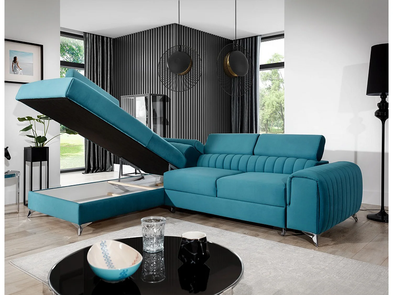 Canapé d'angle convertible velours avec appuis-tête réglables LOZA - Coffre et pieds acier chromé-Bleu canard-angle gauche