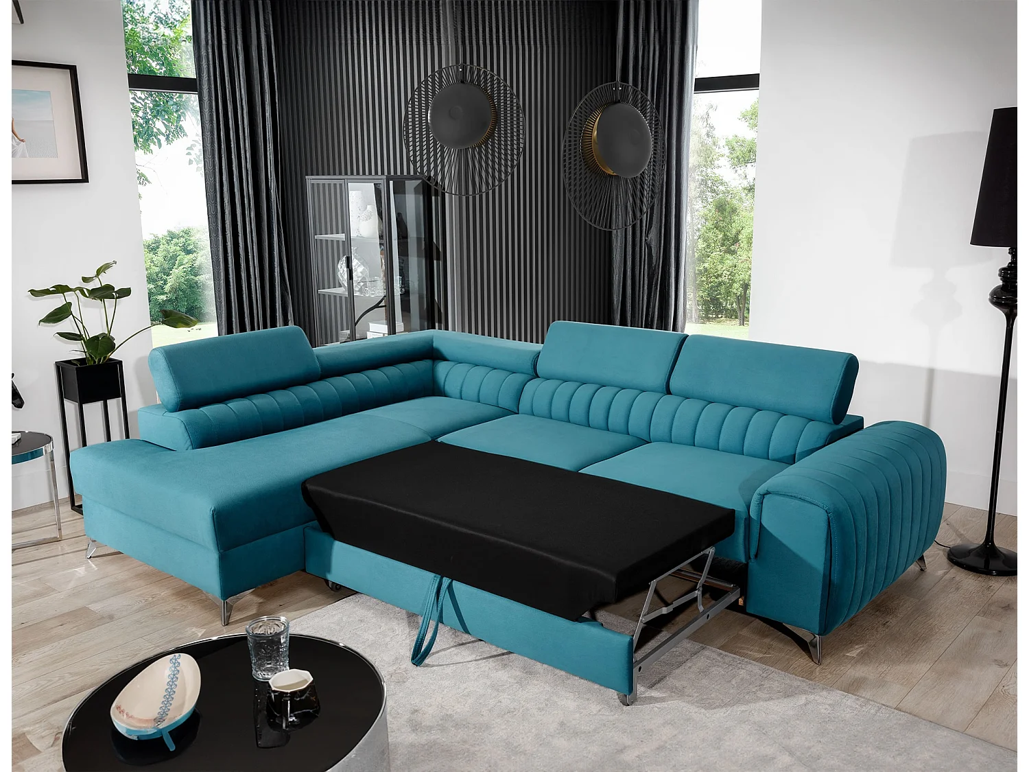 Canapé d'angle convertible velours avec appuis-tête réglables LOZA - Coffre et pieds acier chromé-Bleu canard-angle gauche