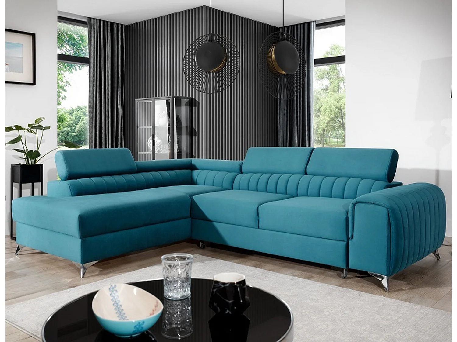 Canapé d'angle convertible velours avec appuis-tête réglables LOZA - Coffre et pieds acier chromé-Bleu canard-angle gauche