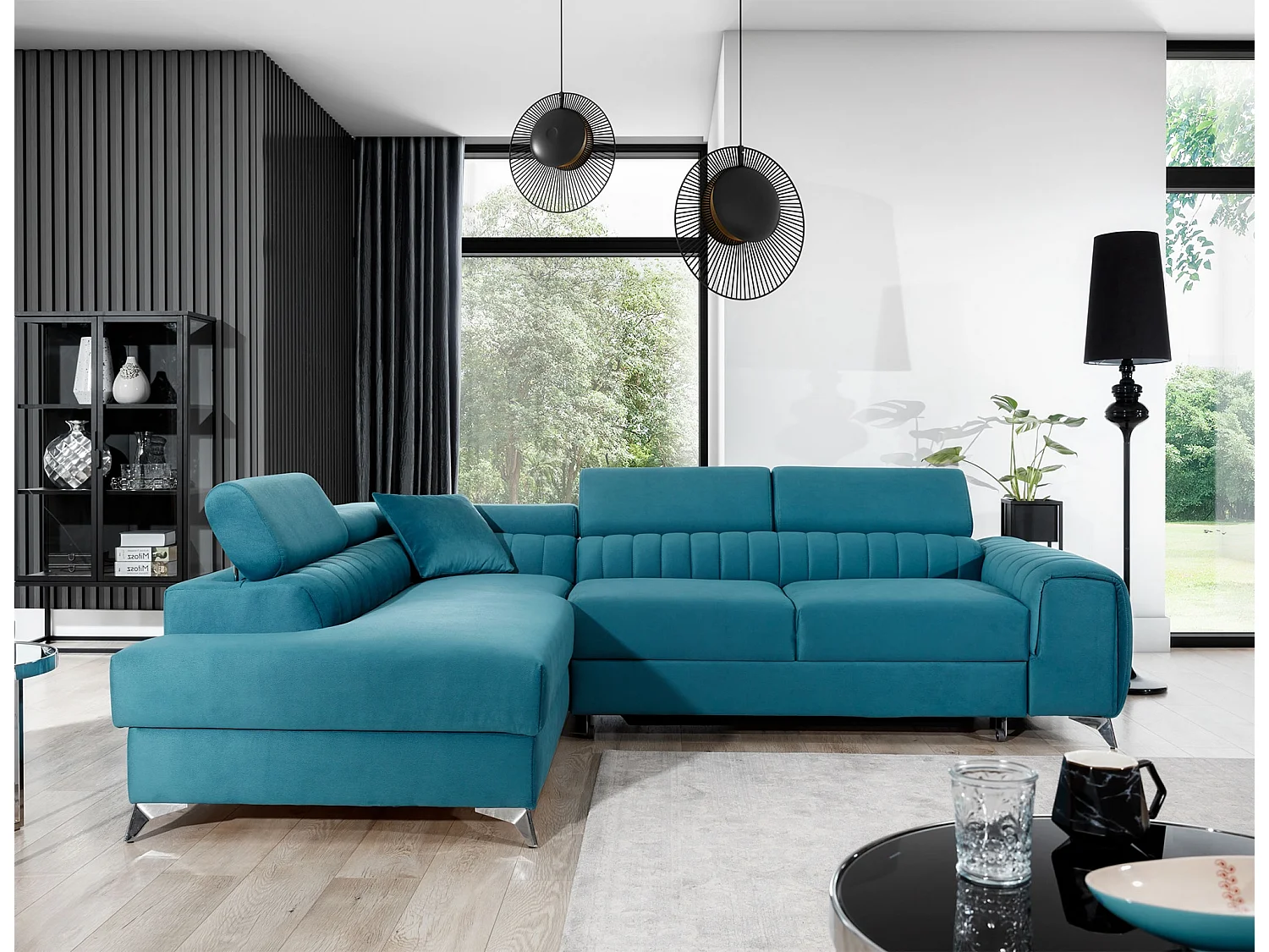 Canapé d'angle convertible velours avec appuis-tête réglables LOZA - Coffre et pieds acier chromé-Bleu canard-angle gauche