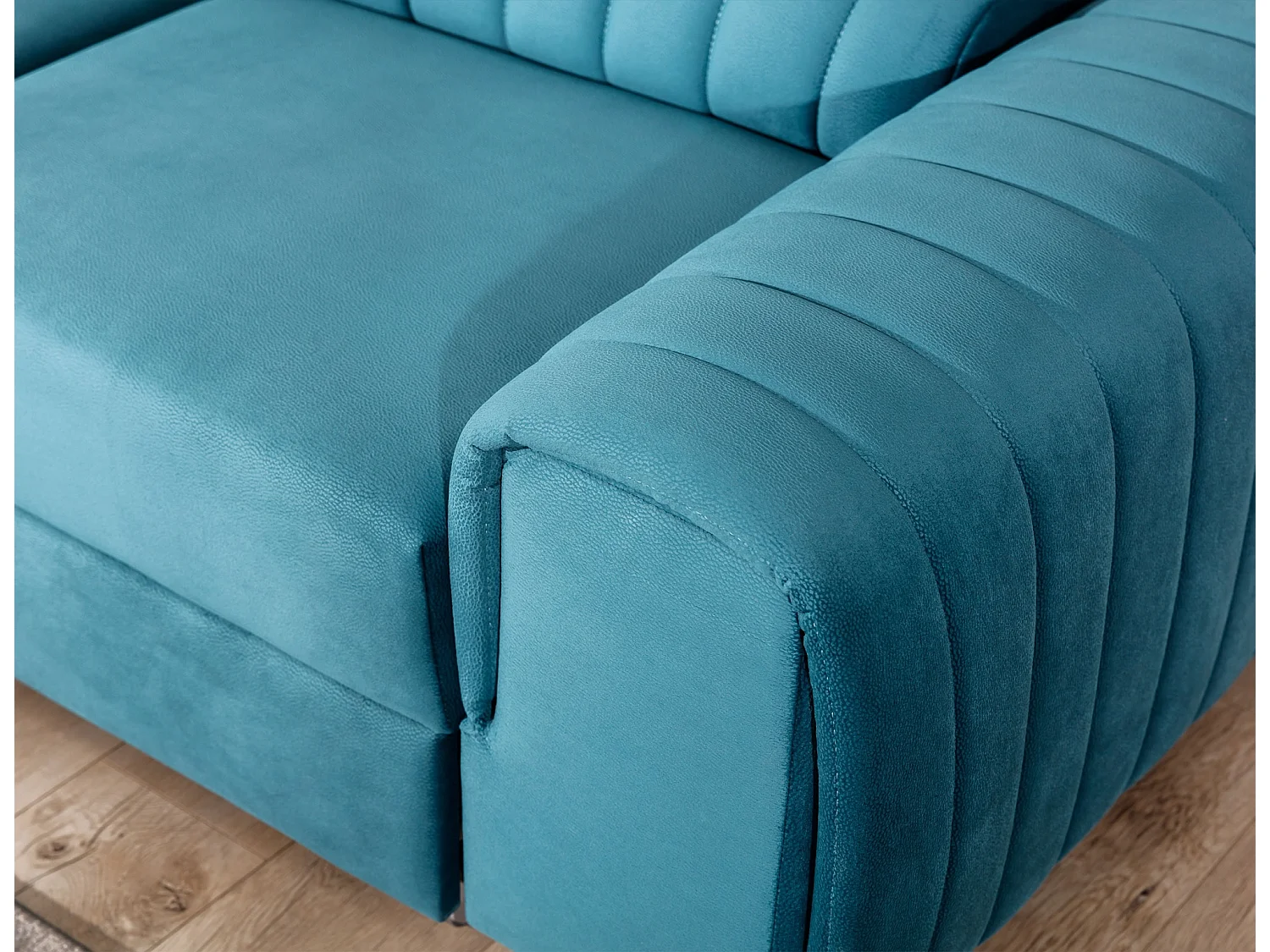 Canapé d'angle convertible velours avec appuis-tête réglables LOZA - Coffre et pieds acier chromé-Bleu canard-angle gauche