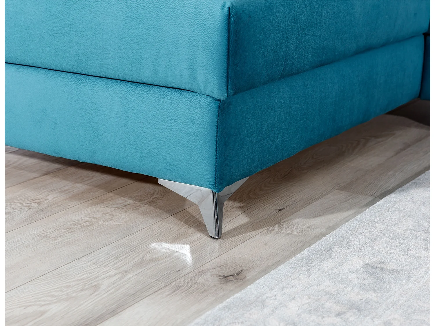 Canapé d'angle convertible velours avec appuis-tête réglables LOZA - Coffre et pieds acier chromé-Bleu canard-angle gauche