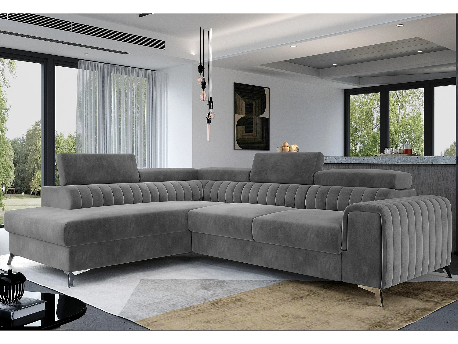 Canapé angle gauche convertible avec appuis-tête réglables velours gris foncé Lozan 275cm