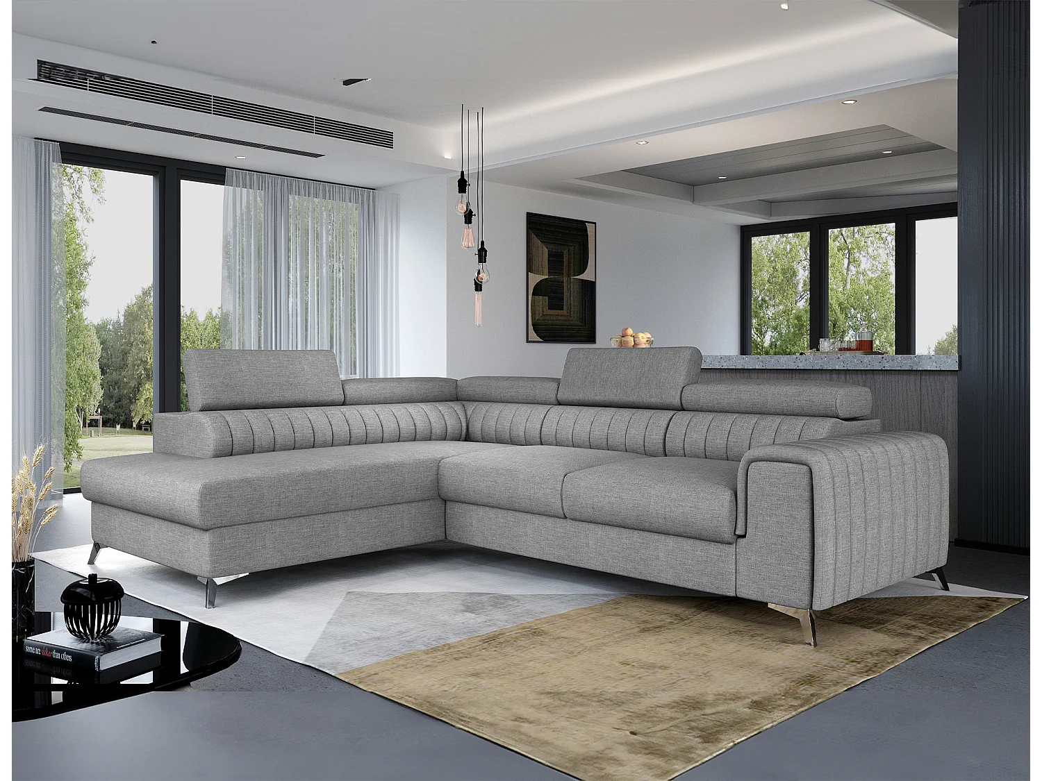 Canapé d'angle convertible tissu avec appuis-tête réglables LOZA - Coffre et pieds acier chromé-Gris-angle gauche