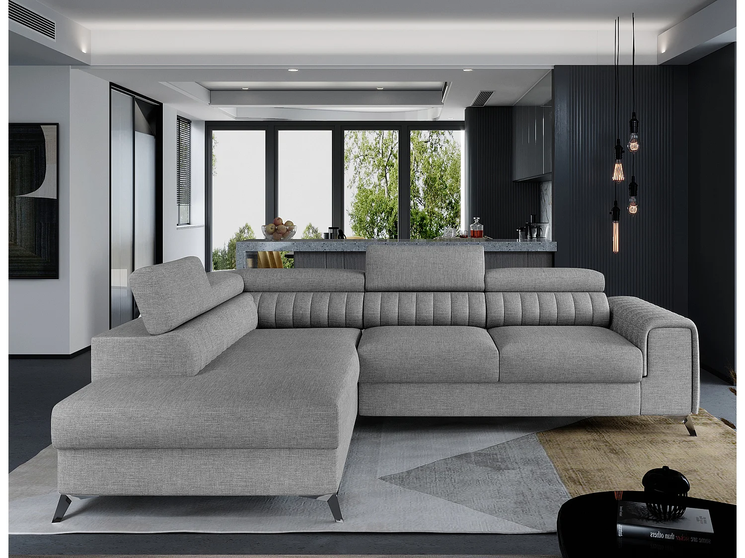 Canapé d'angle convertible tissu avec appuis-tête réglables LOZA - Coffre et pieds acier chromé-Gris-angle gauche