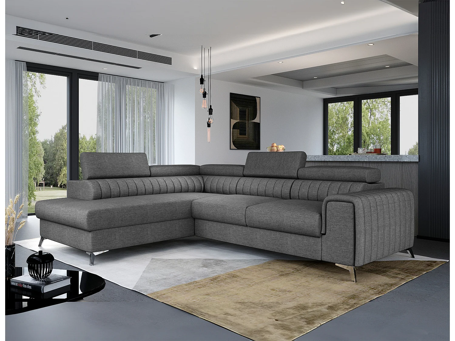 Canapé d'angle convertible tissu avec appuis-tête réglables LOZA - Coffre et pieds acier chromé-Gris foncé-angle gauche