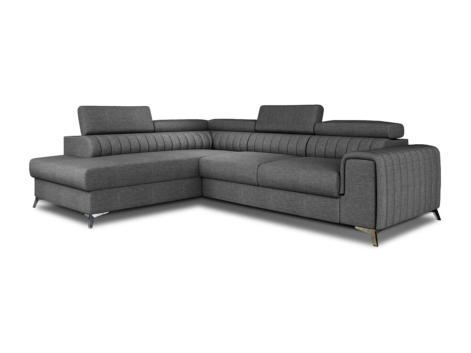 Canapé d'angle convertible tissu avec appuis-tête réglables LOZA - Coffre et pieds acier chromé-Gris foncé-angle gauche