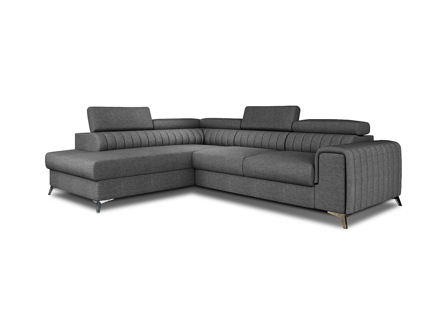 Canapé d'angle convertible tissu avec appuis-tête réglables LOZA - Coffre et pieds acier chromé-Gris foncé-angle gauche