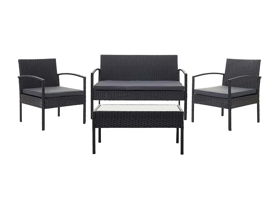 Garniture en polyrotin HWC-F56, garniture de jardin, ensemble fauteuils ~ noir, coussin gris foncé