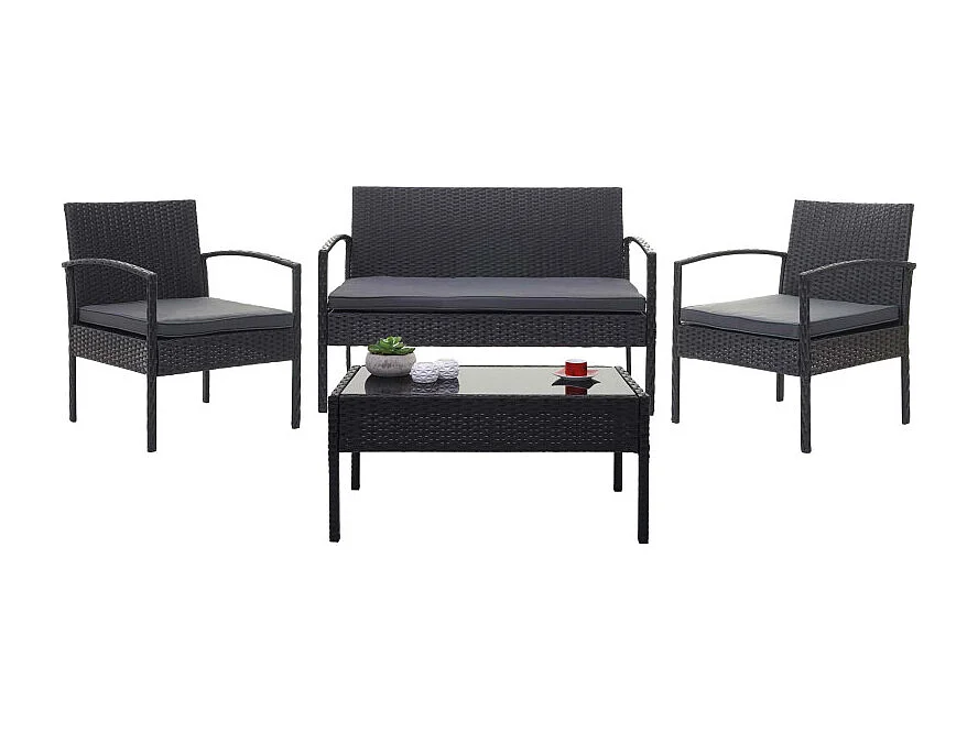 Garniture en polyrotin HWC-F56, garniture de jardin, ensemble fauteuils ~ noir, coussin gris foncé