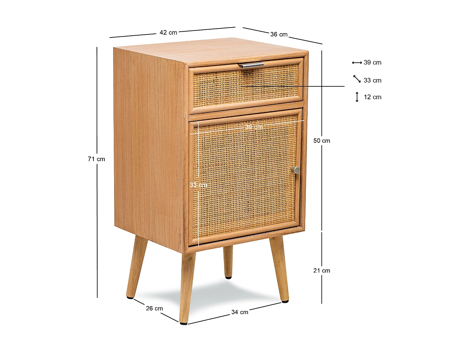 Table de chevet 1 porte et 1 tiroir en rotin naturel