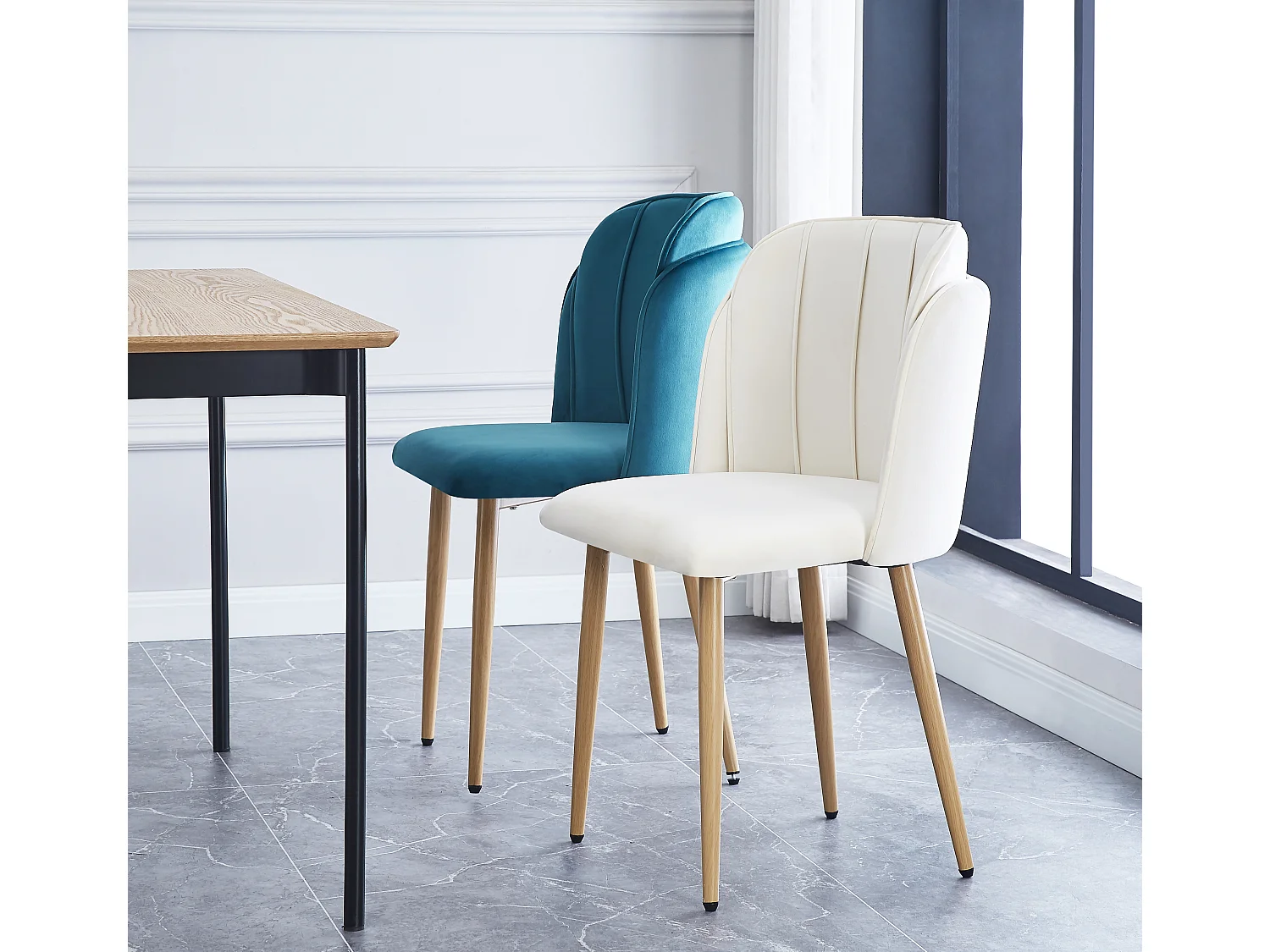 Lot de 2 chaises en métal effet bois et tissu beige