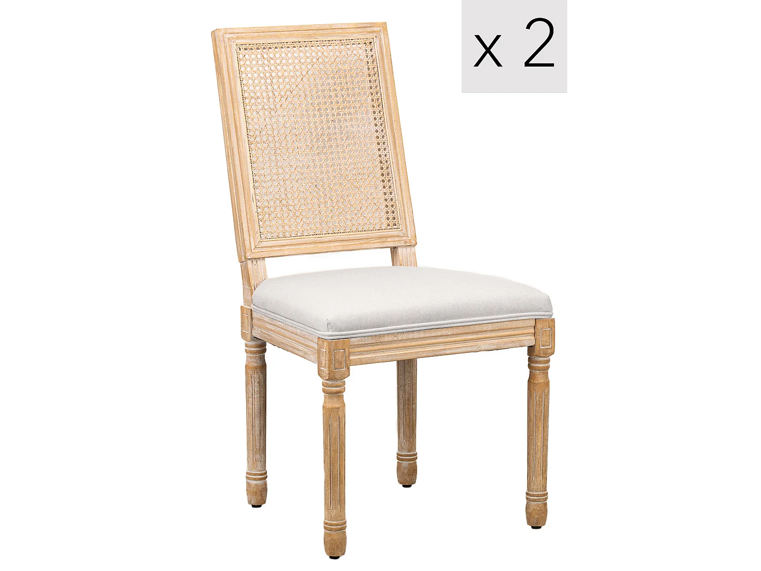 Lot de 2 chaises en bois et cannage avec assise en tissu gris clair