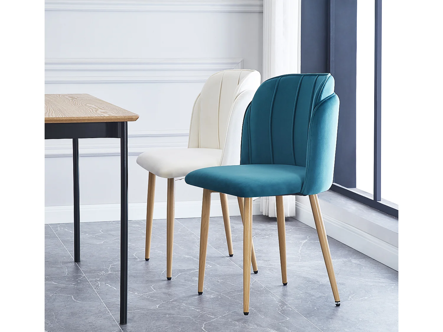 Lot de 2 chaises en métal effet bois et tissu bleu canard