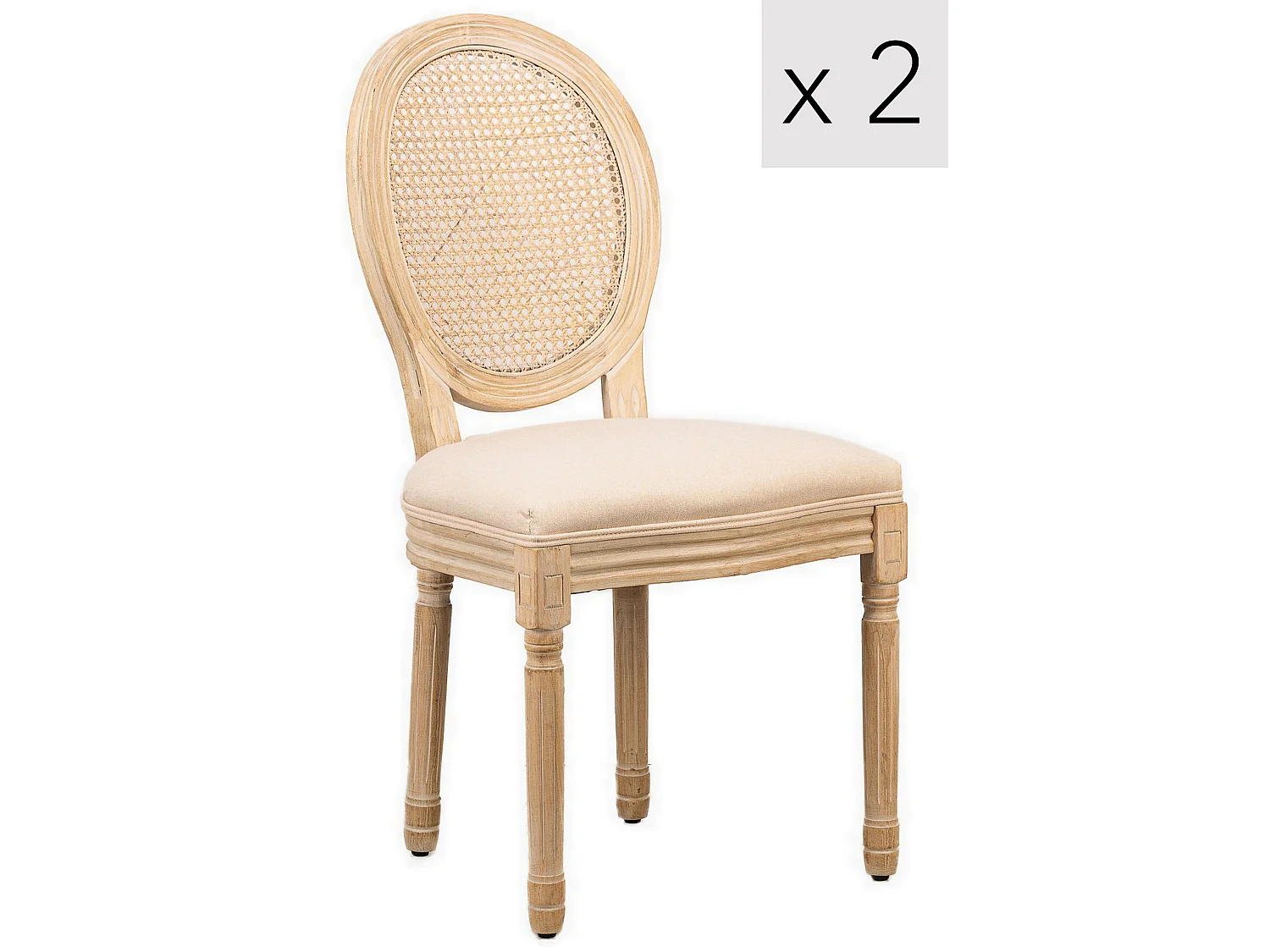 Lot de 2 chaises en bois et cannage avec assise en tissu beige