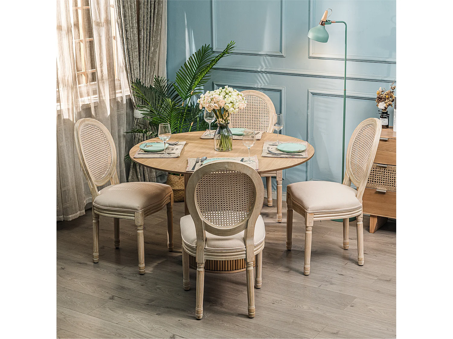 Lot de 2 chaises en bois et cannage avec assise en tissu beige