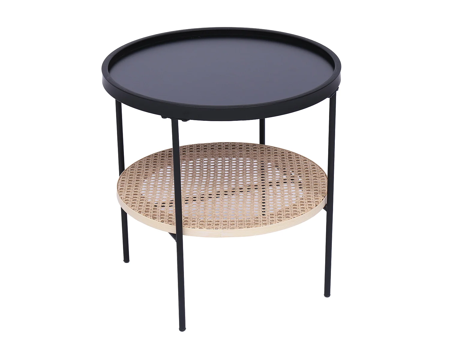 Table d'appoint en métal avec rangement en rotin naturel