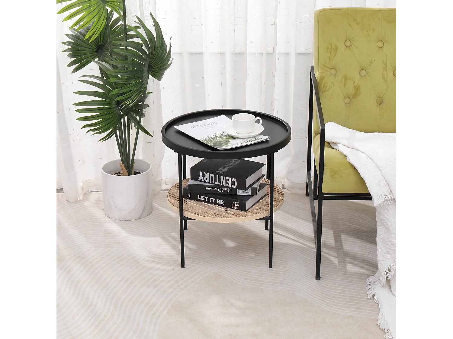 Table d'appoint en métal avec rangement en rotin naturel