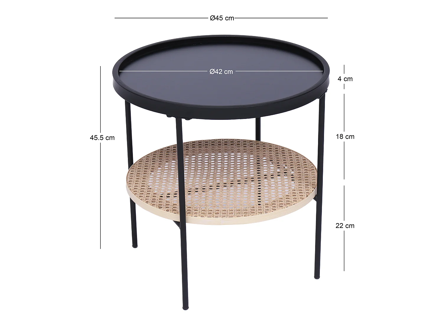 Table d'appoint en métal avec rangement en rotin naturel