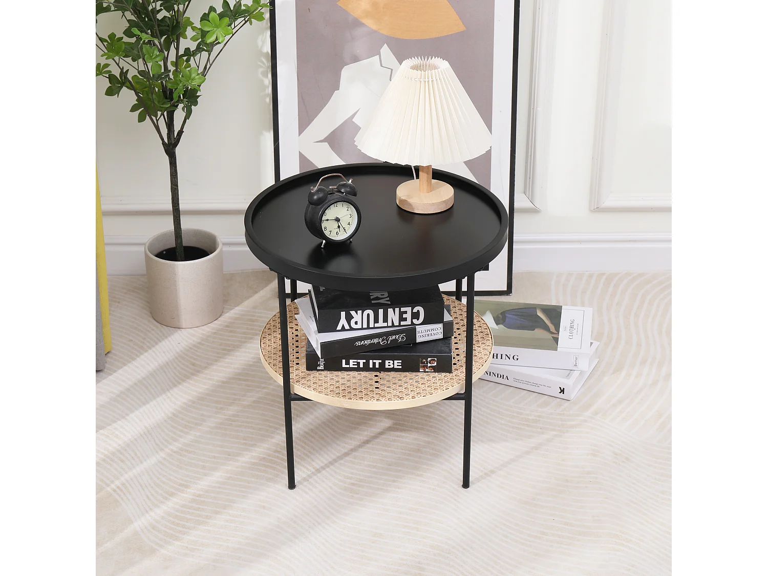 Table d'appoint en métal avec rangement en rotin naturel