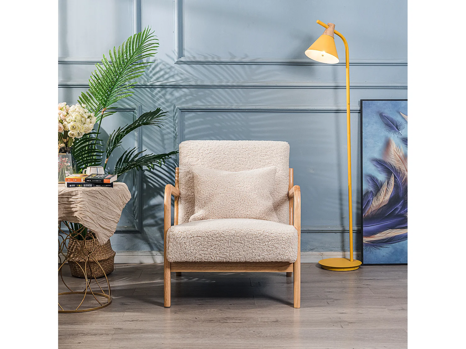 Fauteuil de salon en bois massif et bouclette blanche
