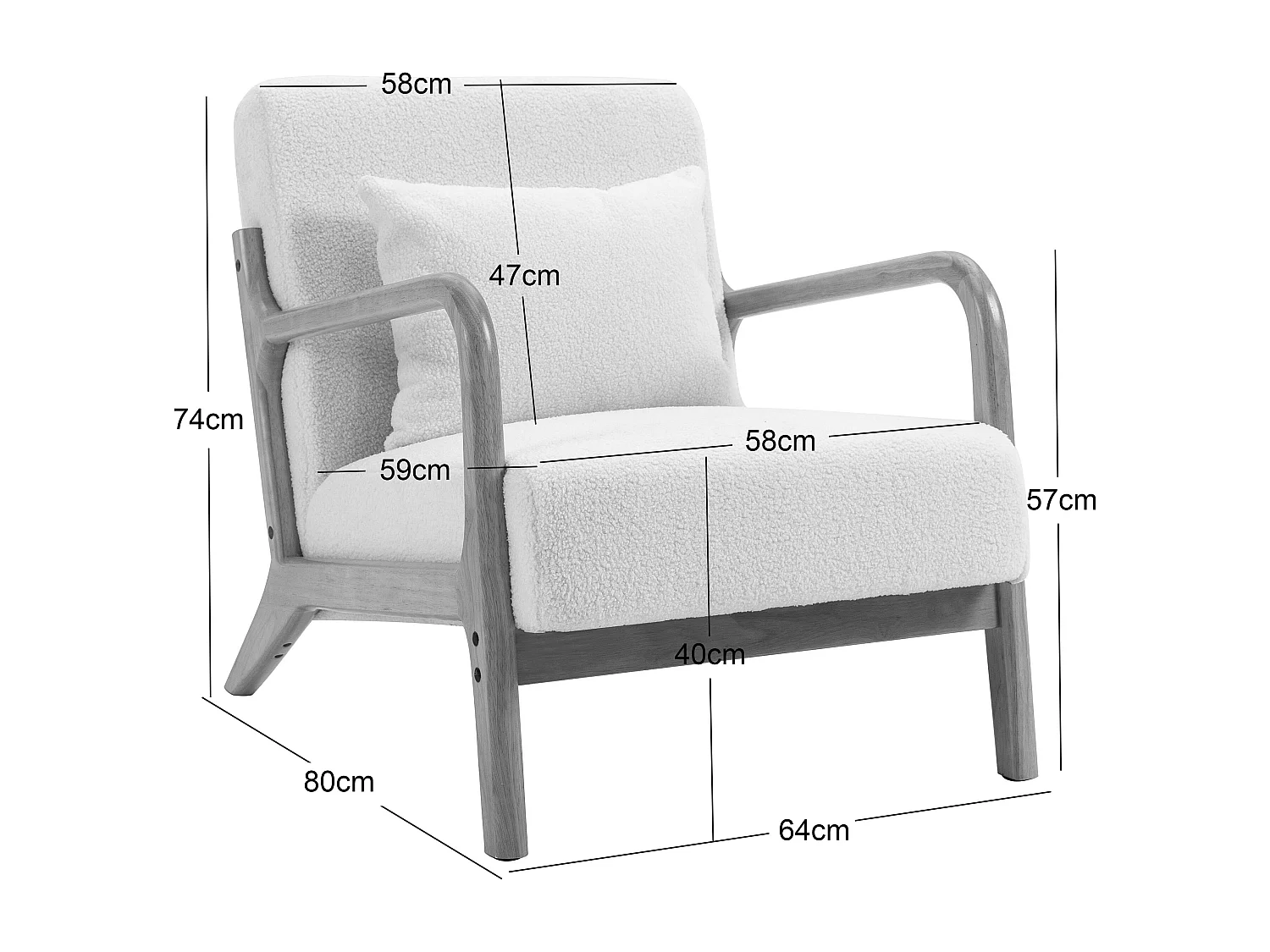 Fauteuil de salon en bois massif et bouclette blanche