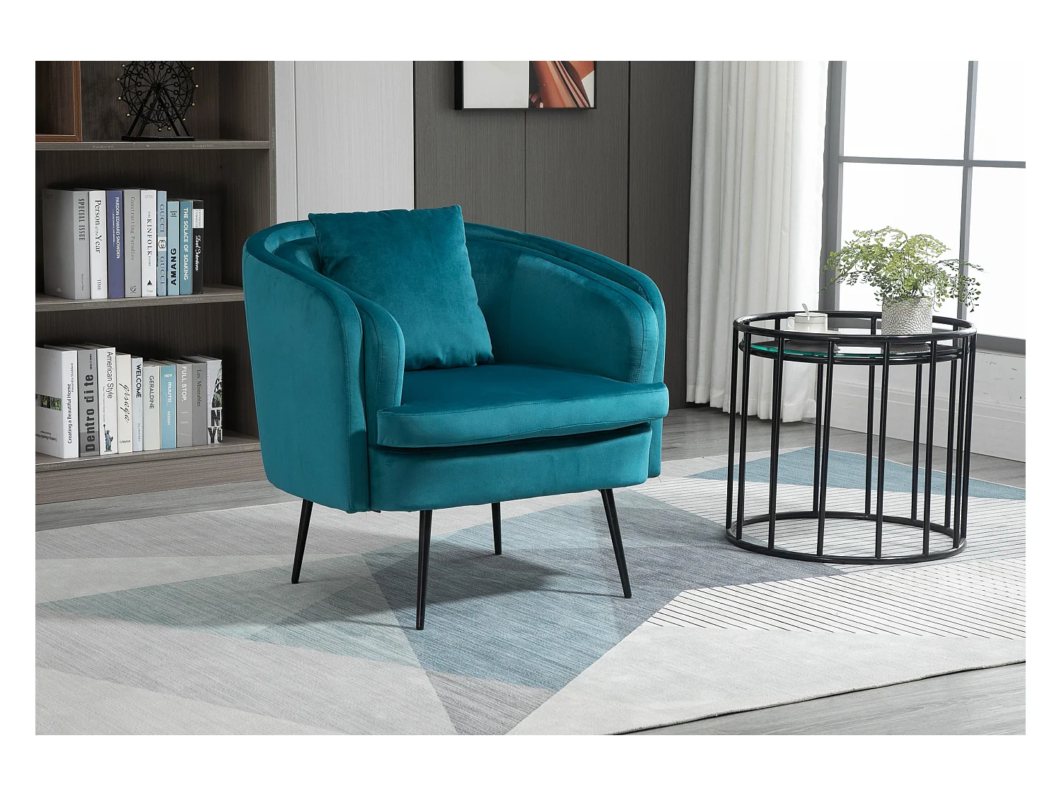 Fauteuil de salon en métal et velours bleu canard