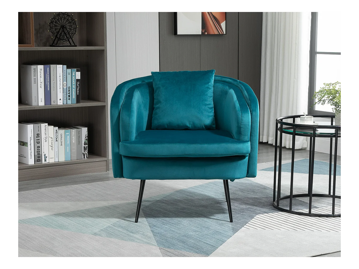 Fauteuil de salon en métal et velours bleu canard