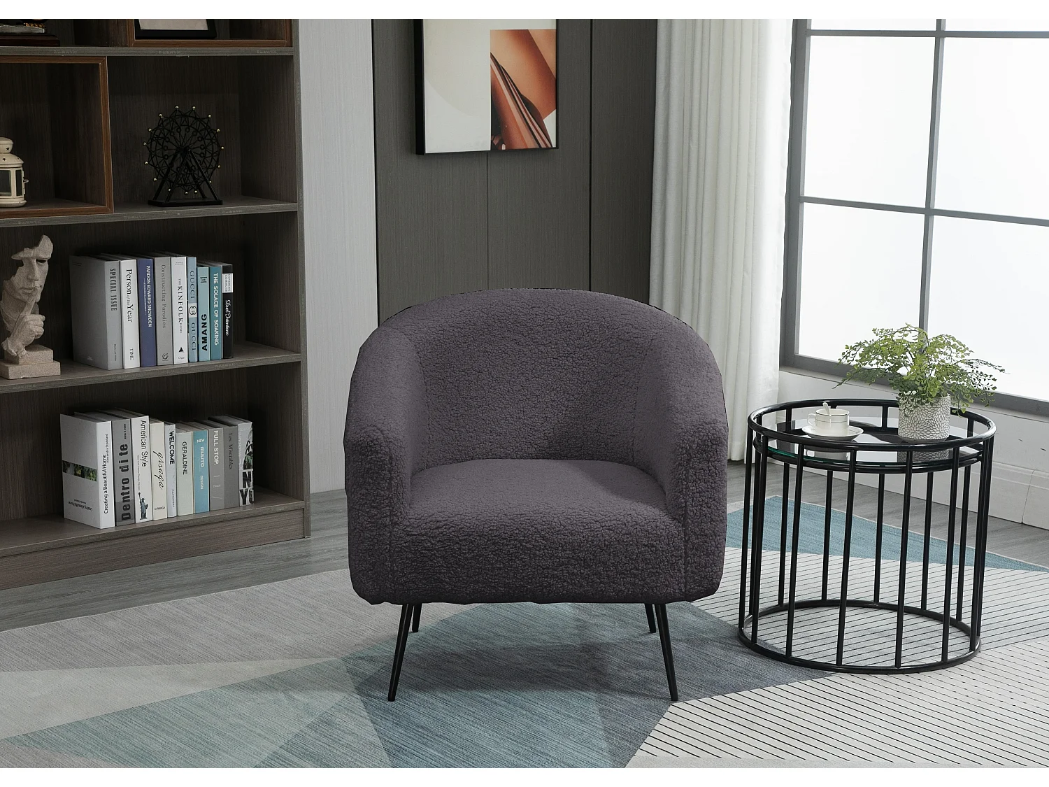 Fauteuil de salon en métal et bouclettes grises
