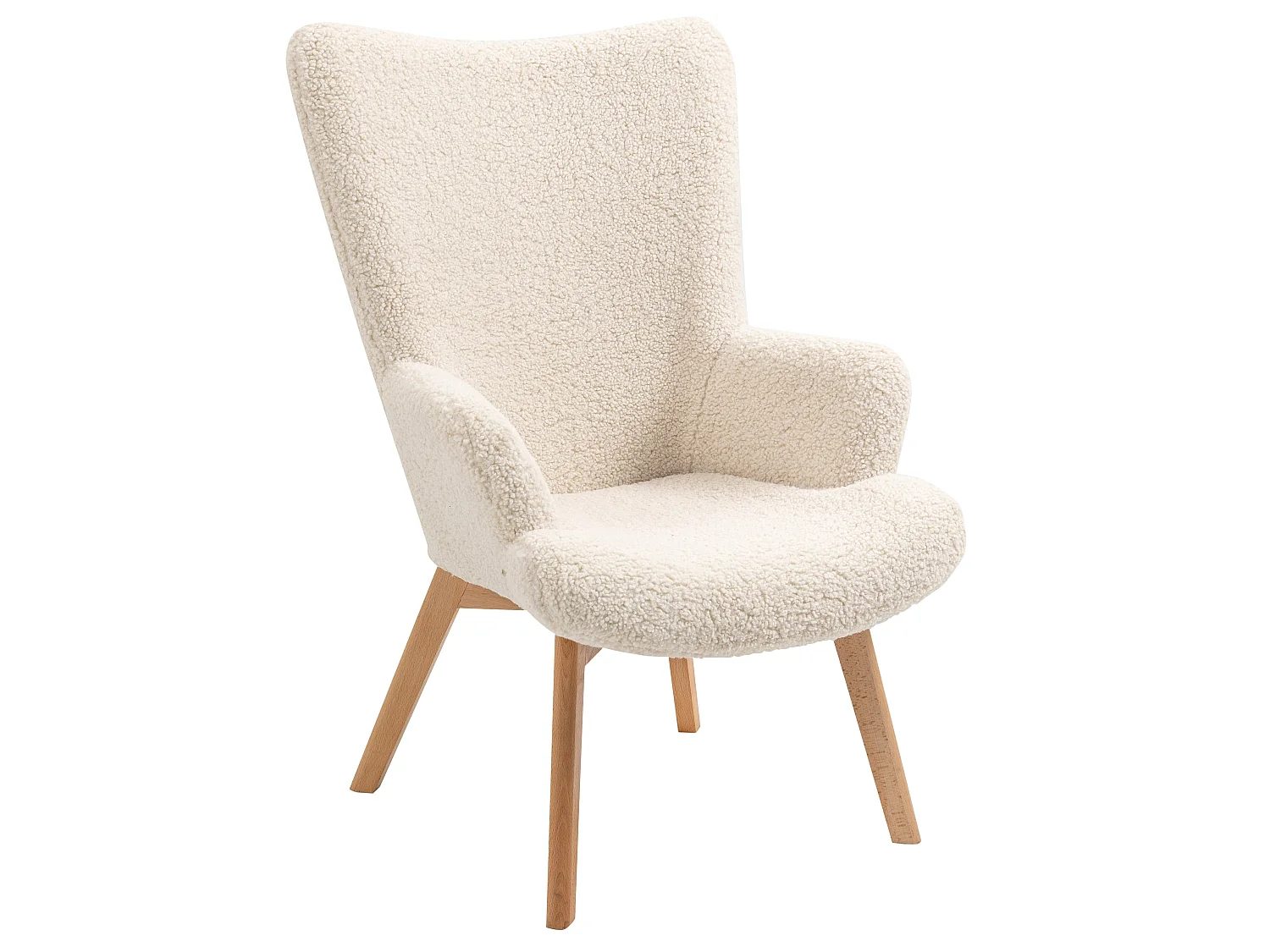 Fauteuil de salon en bois massif et bouclette blanche