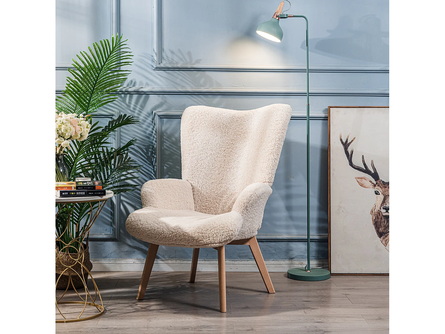 Fauteuil de salon en bois massif et bouclette blanche