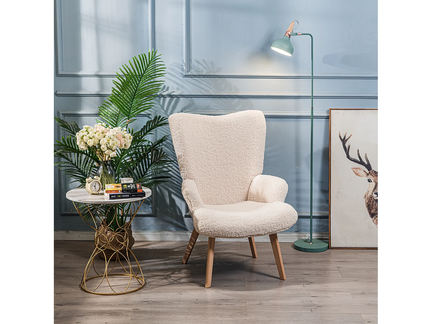 Fauteuil de salon en bois massif et bouclette blanche