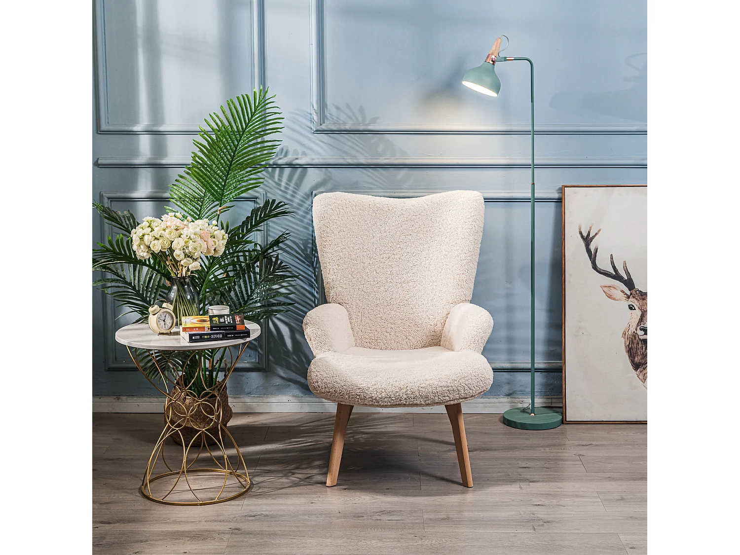 Fauteuil de salon en bois massif et bouclette blanche
