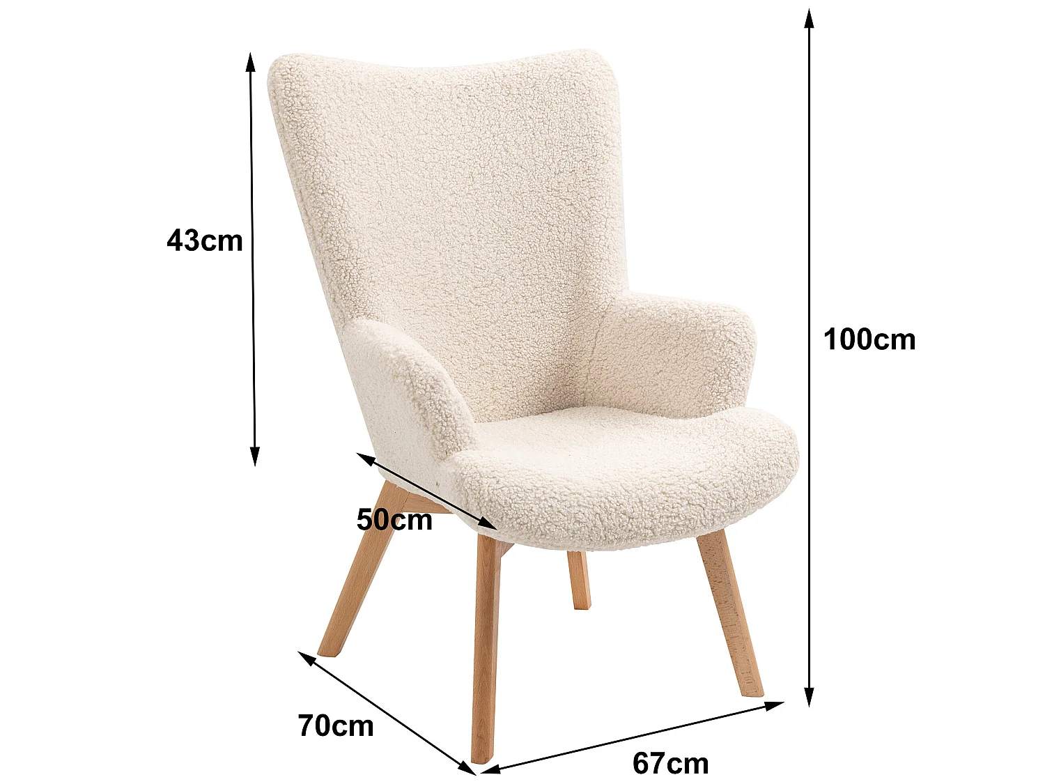 Fauteuil de salon en bois massif et bouclette blanche