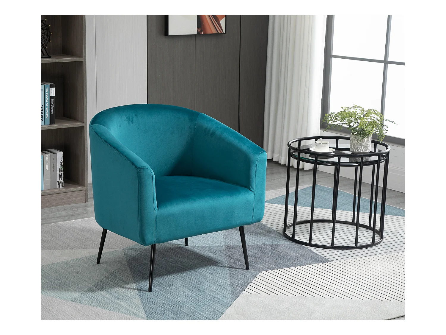 Fauteuil de salon en métal et velours bleu canard