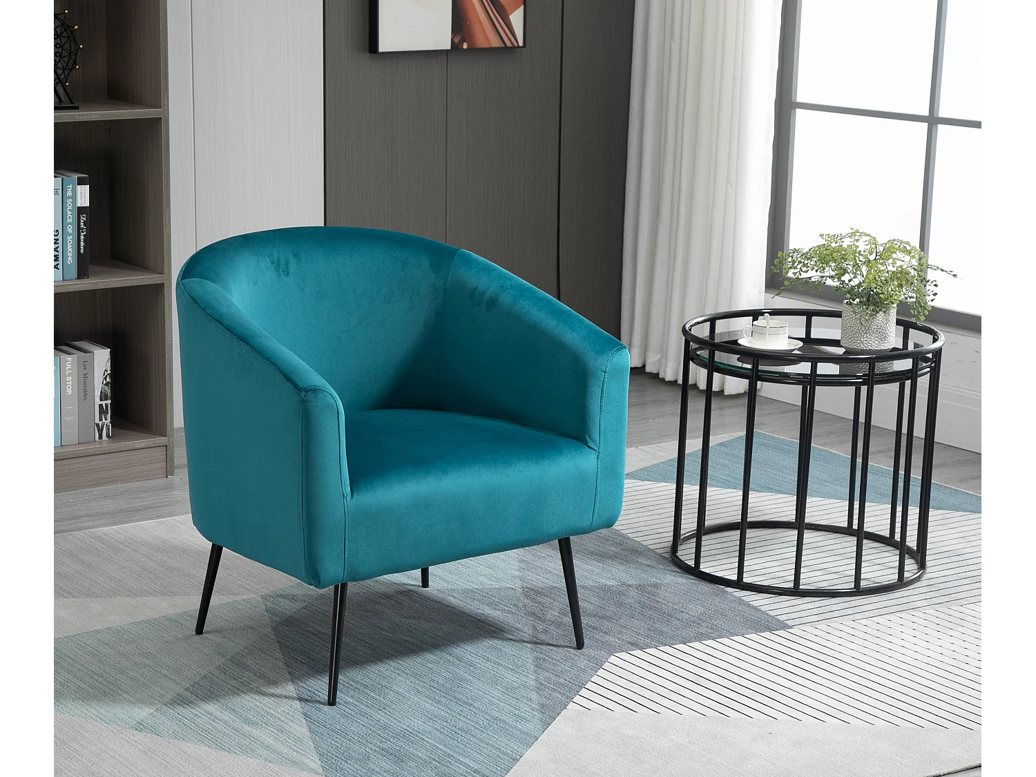 Fauteuil de salon en métal et velours bleu canard